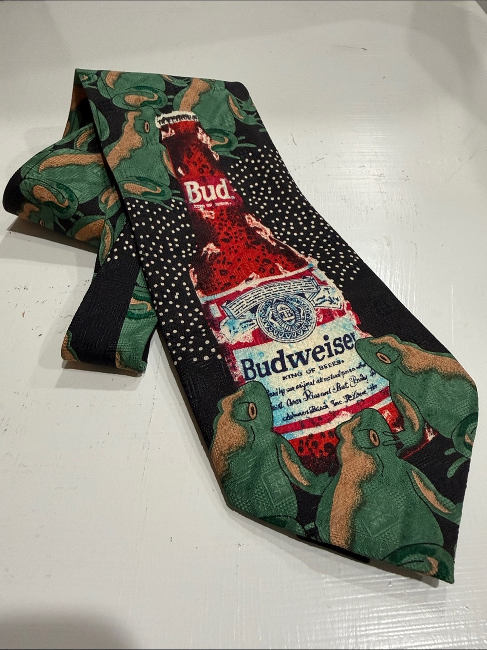Vintage Budweiser Neck Tie with Red Bottle and Green Frog Motif